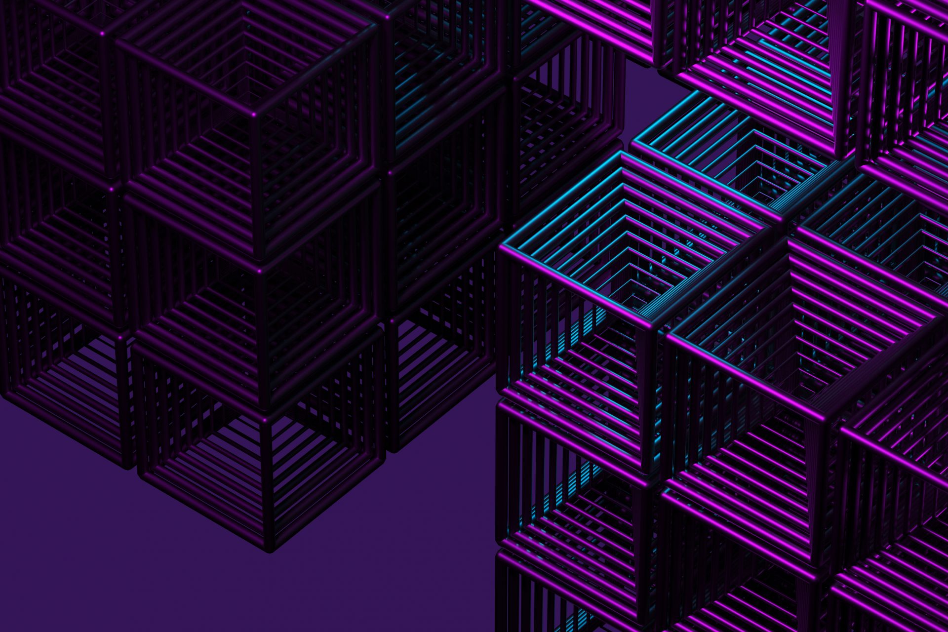 Close-up of a futuristic artificial intelligence cube in neon light on a purple background. 3d rendering illustration