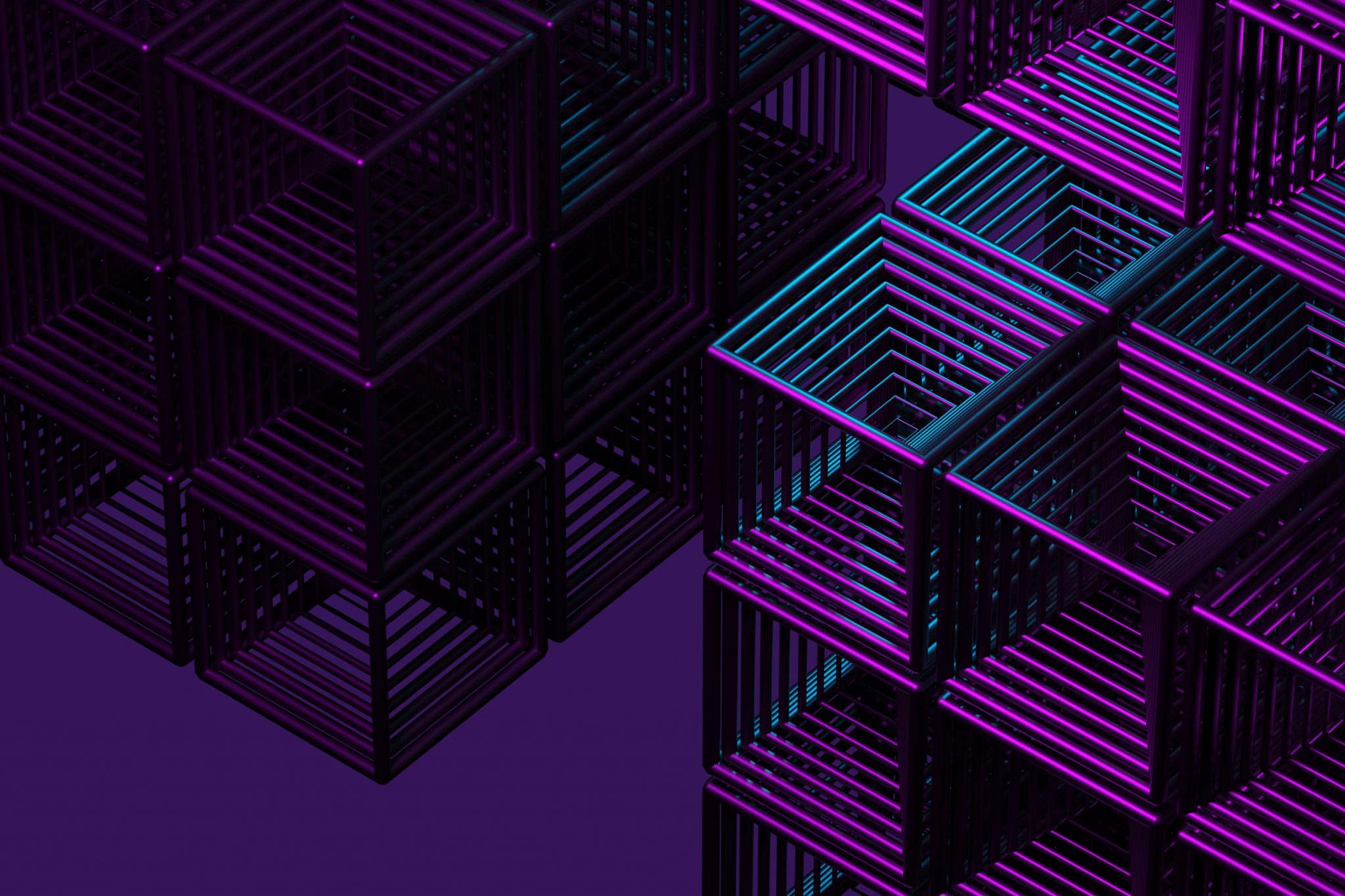 Close-up of a futuristic artificial intelligence cube in neon light on a purple background. 3d rendering illustration